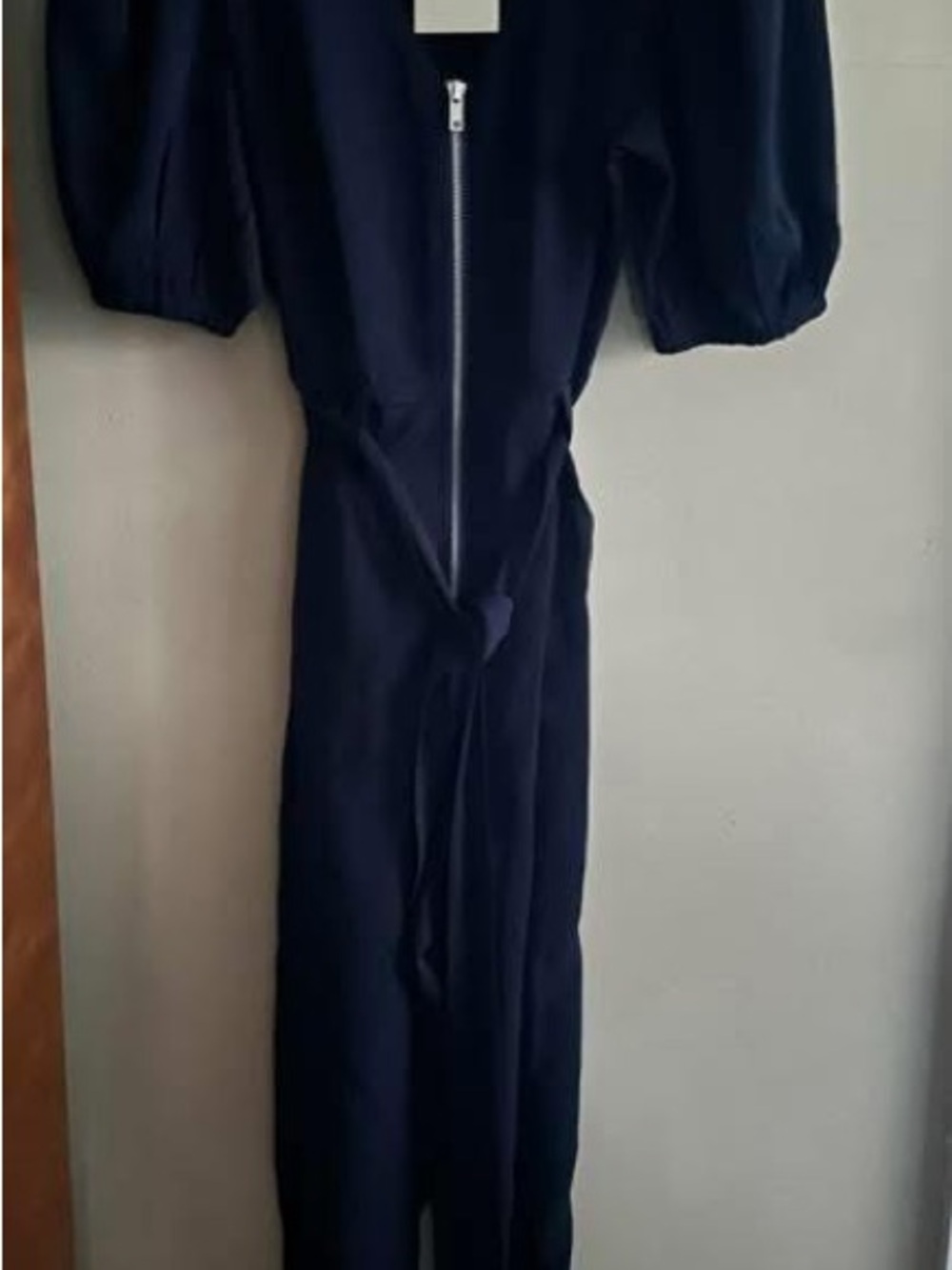 ee:some Navy Tie-Waist Jumpsuit with Puff Sleeves